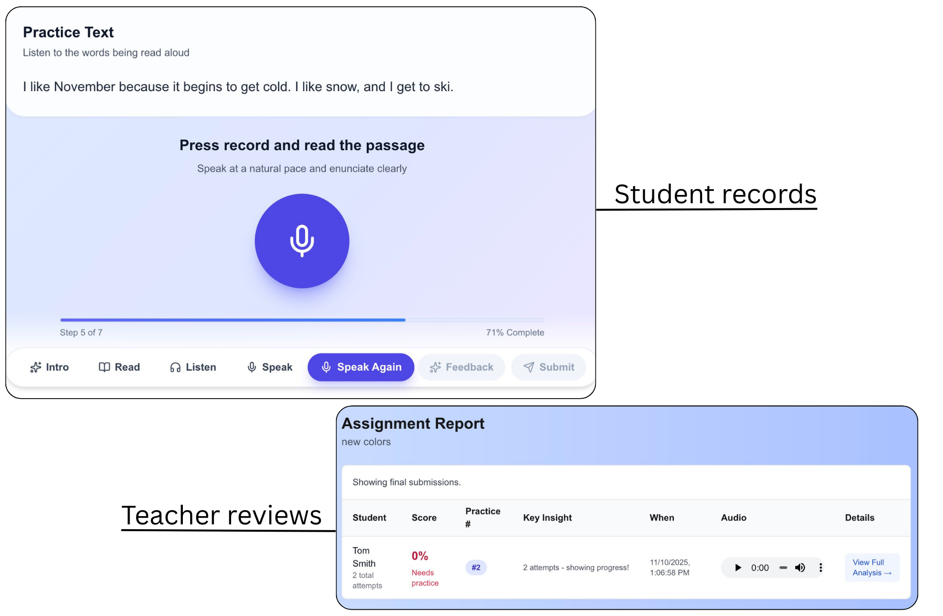 Student records and pronunciation feedback dashboard